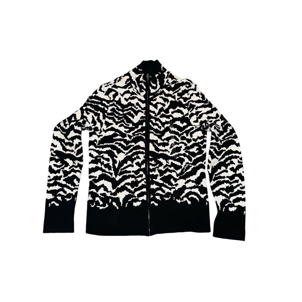 Jones NY Signature Rayon Sweater LG Black White Zip Up Witchy Long Sleeve